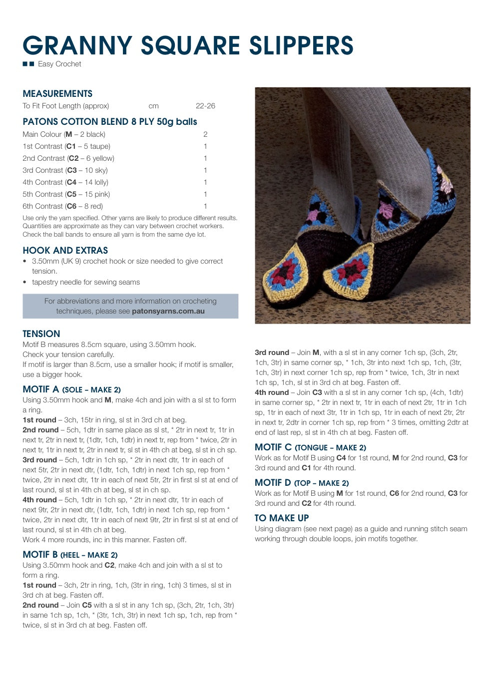 Granny Square Slippers Crochet Pattern in Patons Cotton Blend 8 Ply - pattern instructions