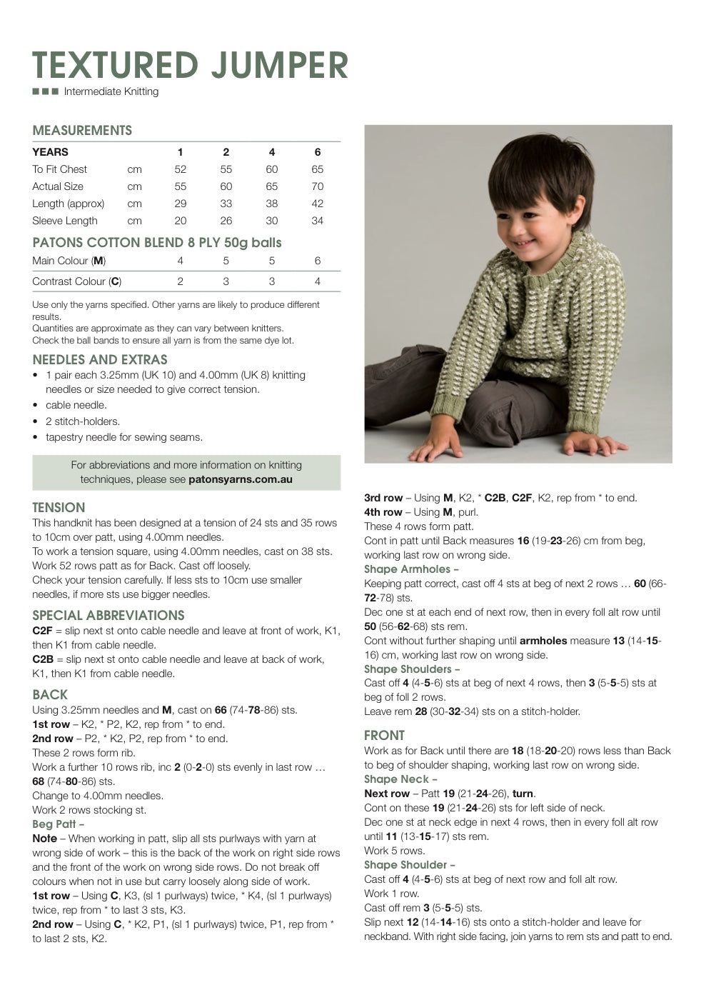 Kids Textured Jumper Knitting Pattern in Patons Cotton Blend 8 Ply - pattern instructions