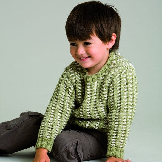 Kids Textured Jumper Knitting Pattern in Patons Cotton Blend 8 Ply