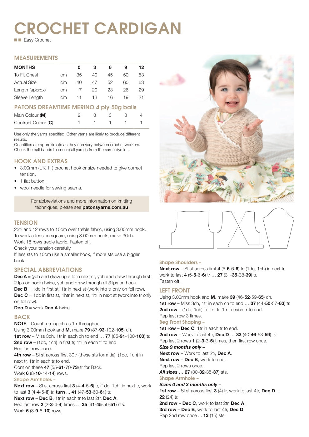 Baby Cardigan Crochet Pattern in Patons Dreamtime Merino 4 Ply - pattern instructions