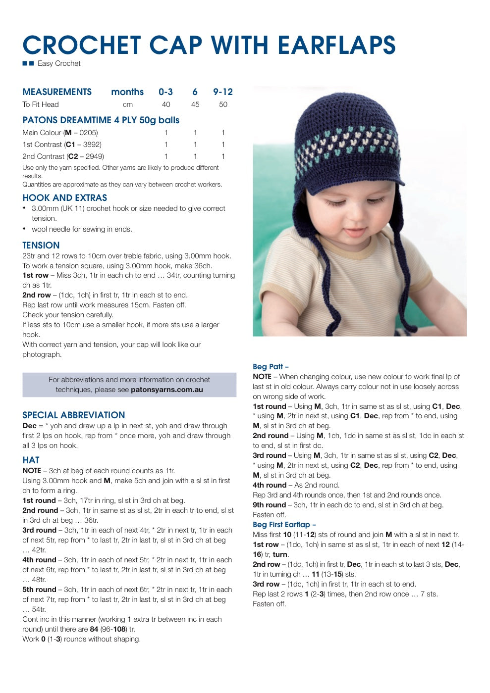 Baby Cap with Earflaps Crochet Pattern in Patons Dreamtime 4 Ply - pattern instructions