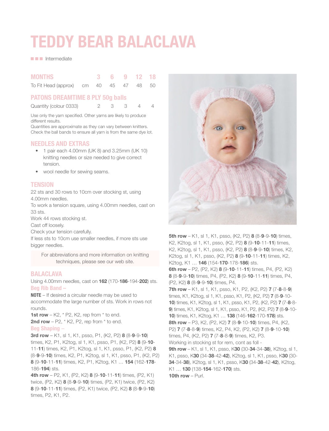 Teddy Bear Balaclava Knitting Pattern in Patons Dreamtime 8 Ply - pattern instructions