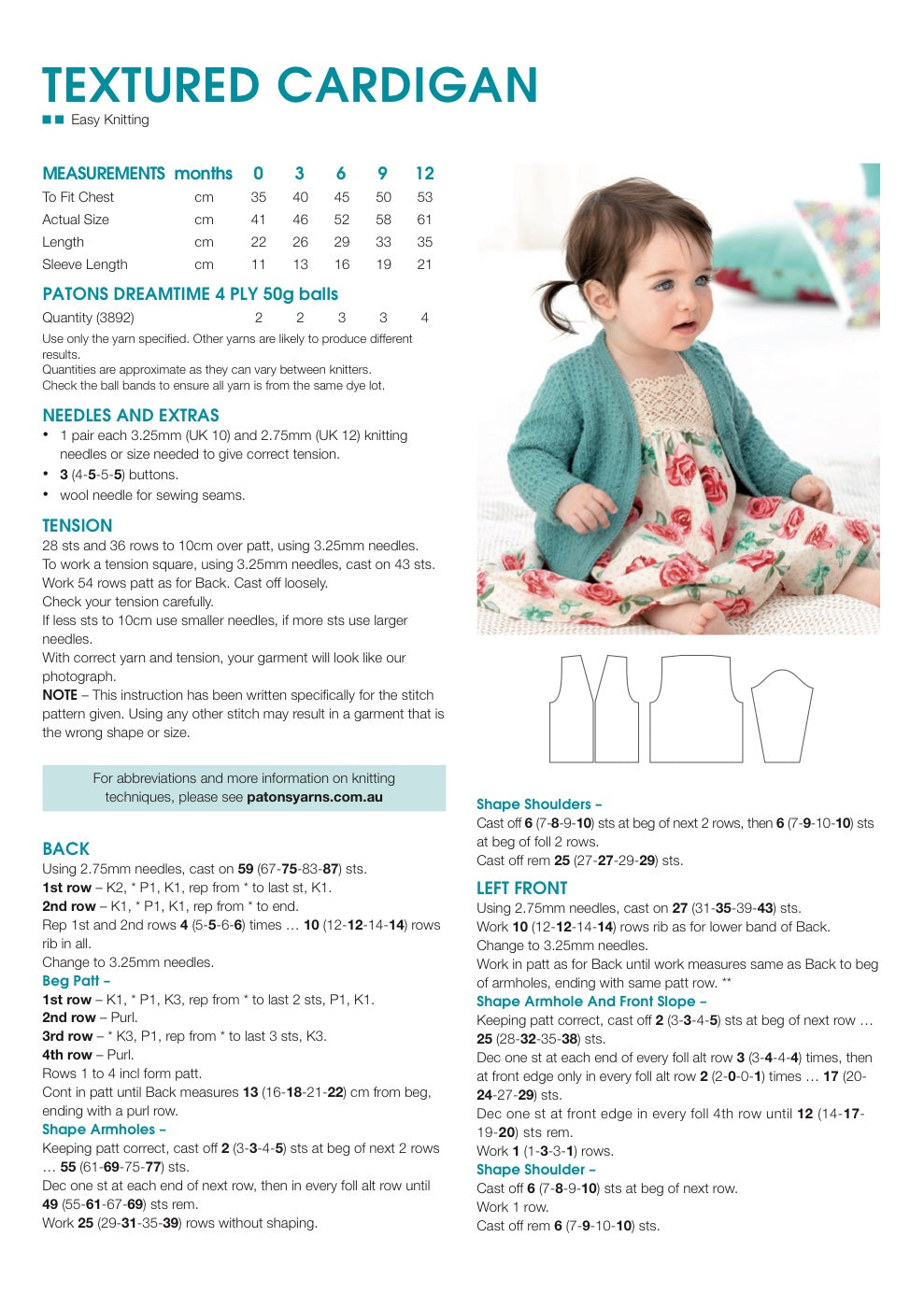 Textured Baby Cardigan Knitting Pattern in Patons Dreamtime 4 Ply - pattern instructions