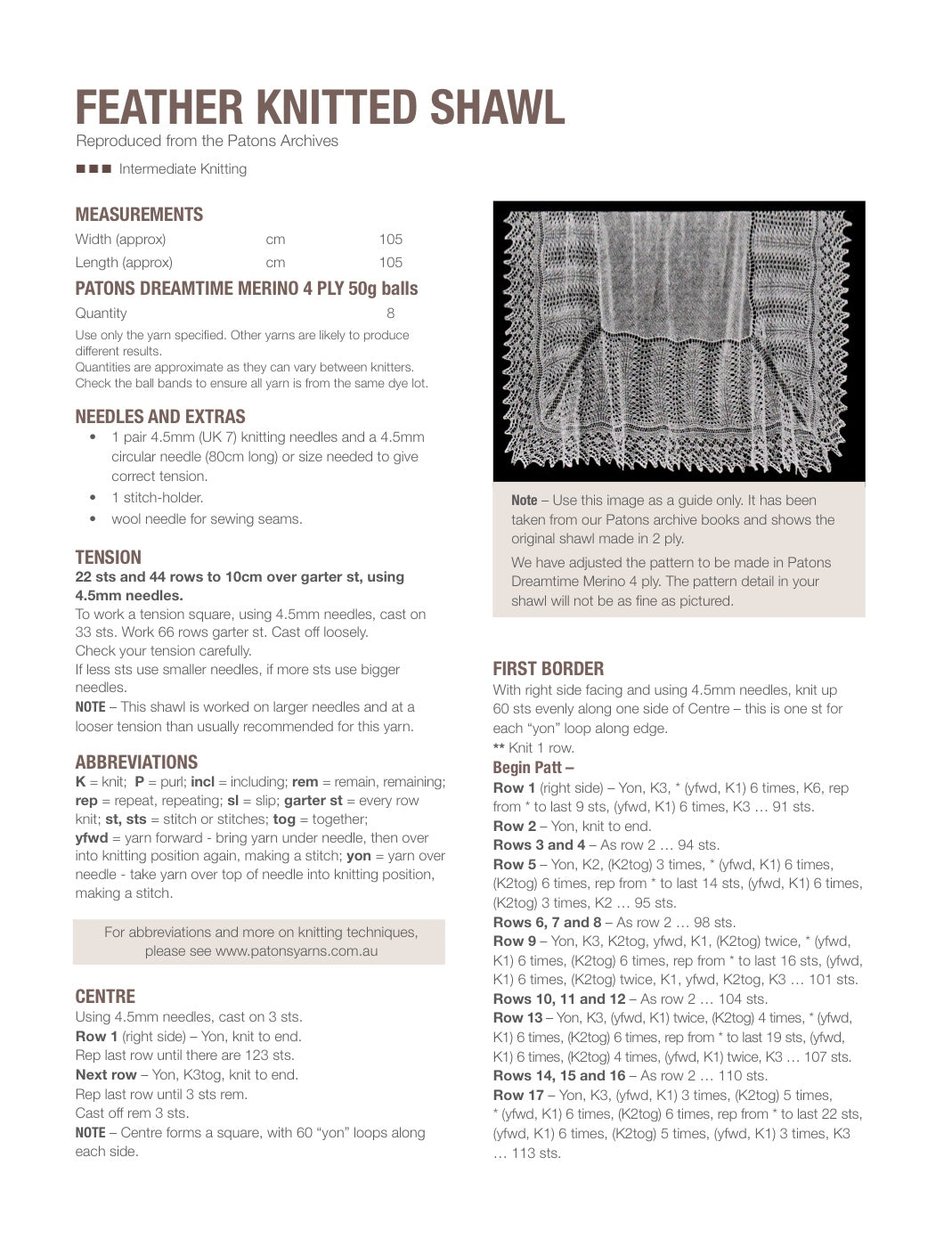 Feather Knitted Shawl Pattern in Patons Dreamtime Merino 4 Ply - pattern instructions