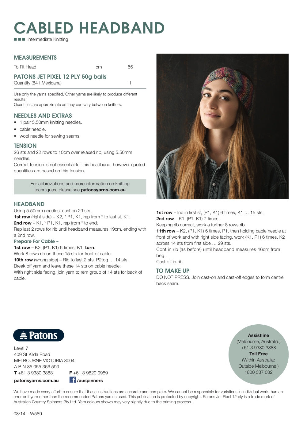 Cabled Headband Knitting Pattern in Patons Jet 12 Ply - pattern instructions