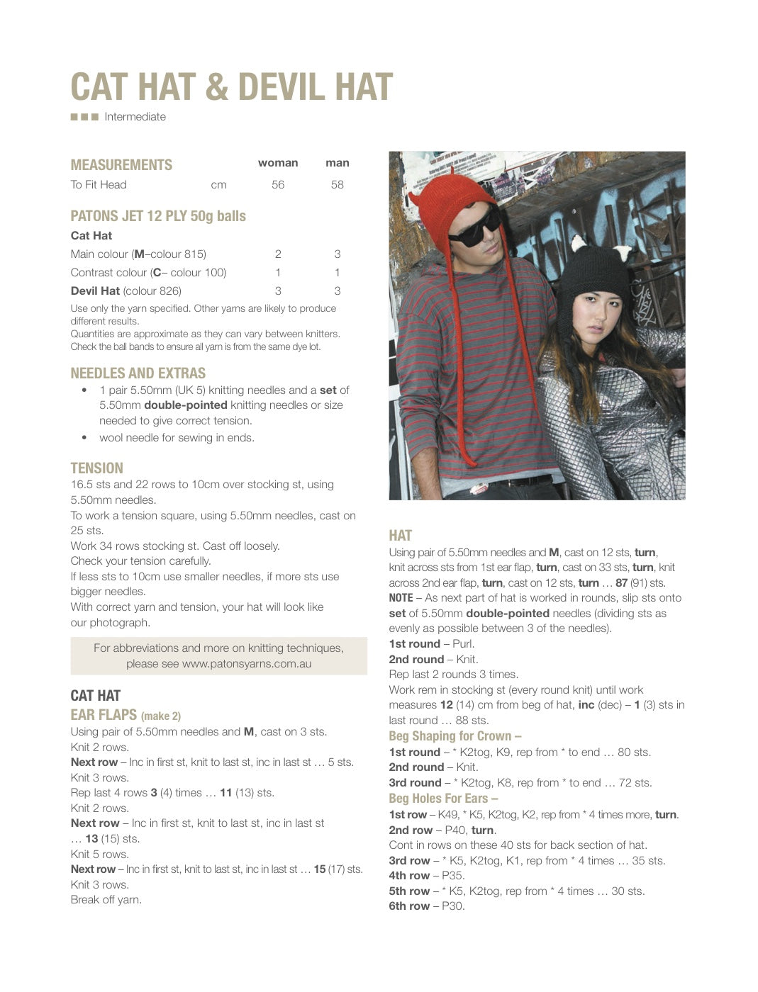 Cat Hat and Devil Hat Knitting Pattern in Patons Jet 12 Ply - pattern instructions