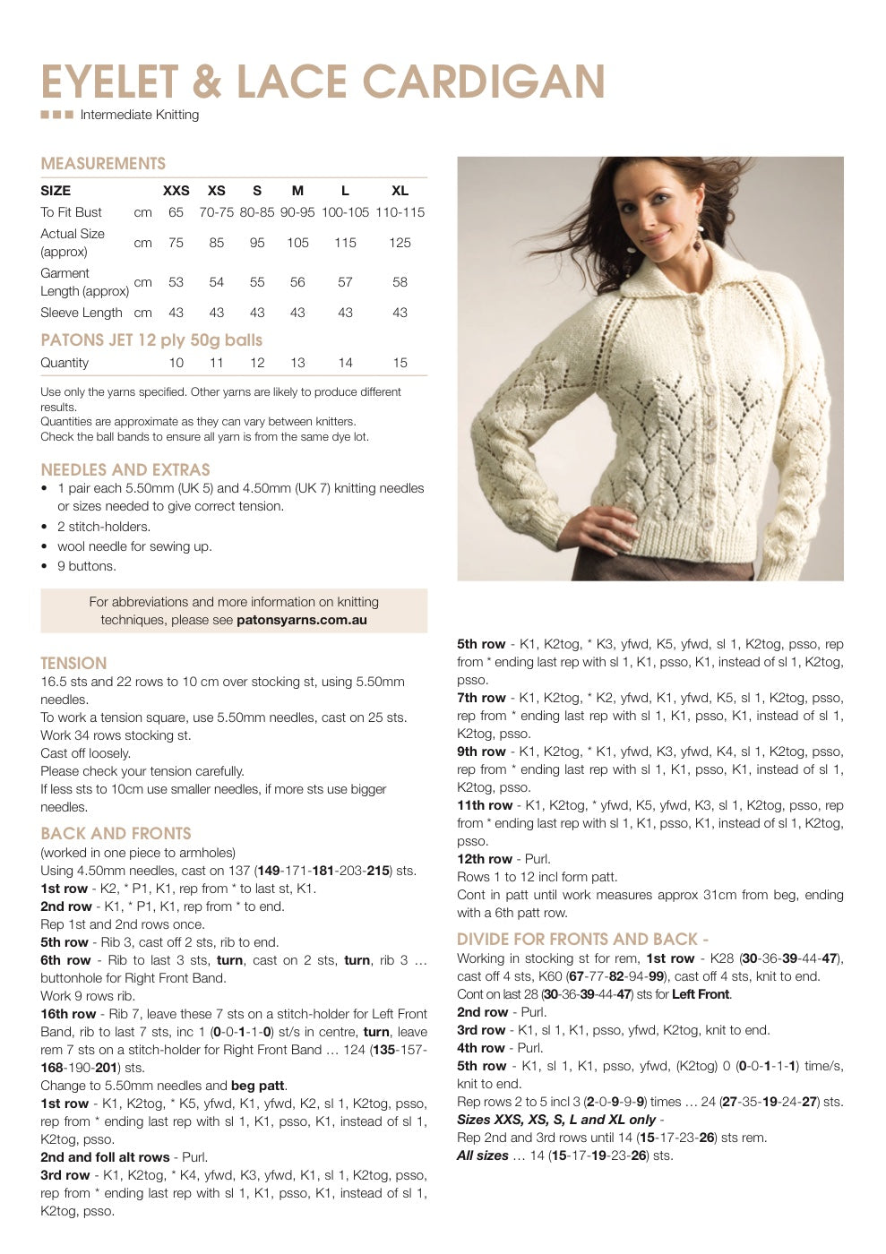 Eyelet and Lace Cardigan Knitting Pattern in Patons Jet 12 Ply - pattern instructions