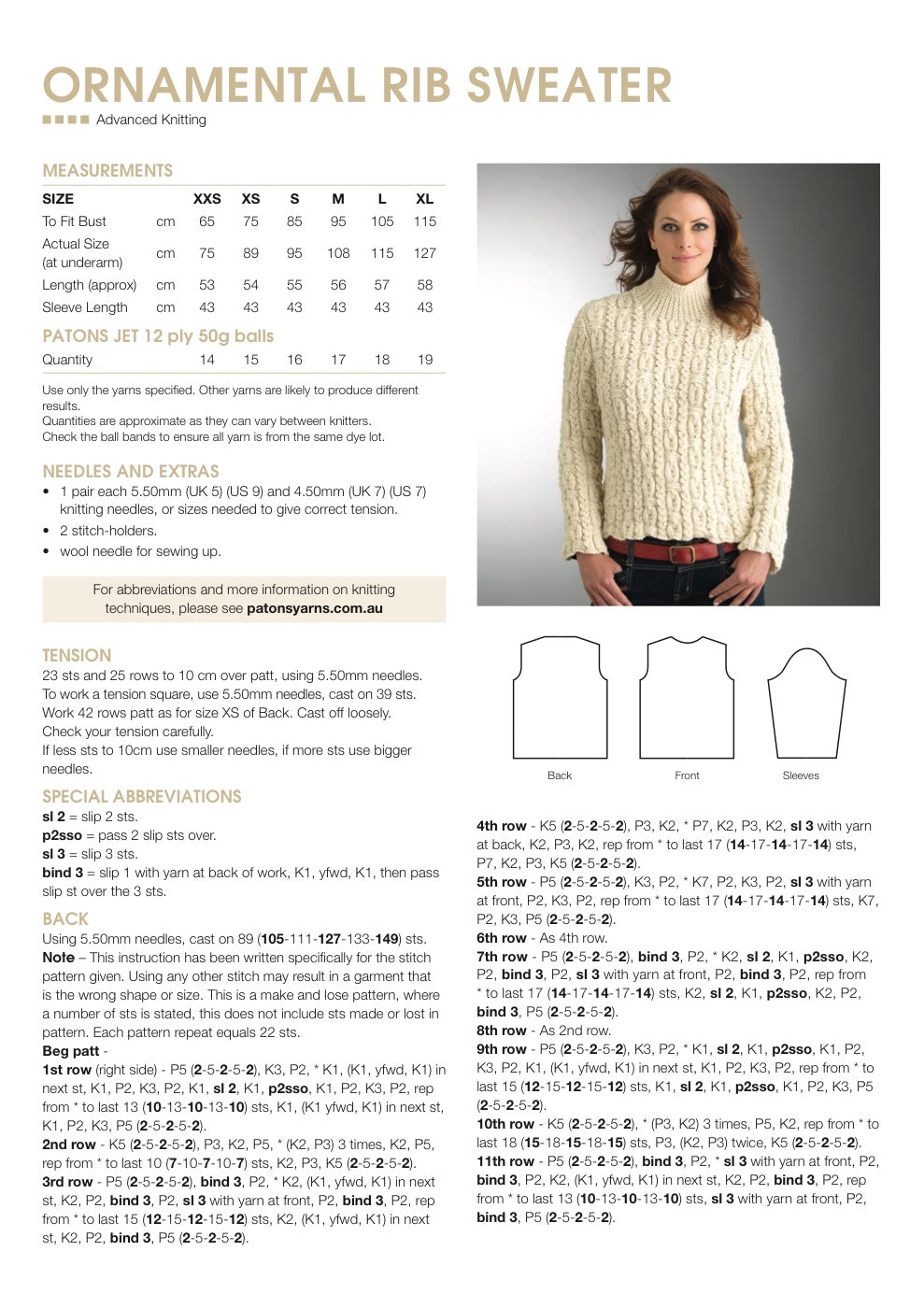 Ornamental Rib Sweater Knitting Pattern in Patons Jet 12 Ply - pattern instructions