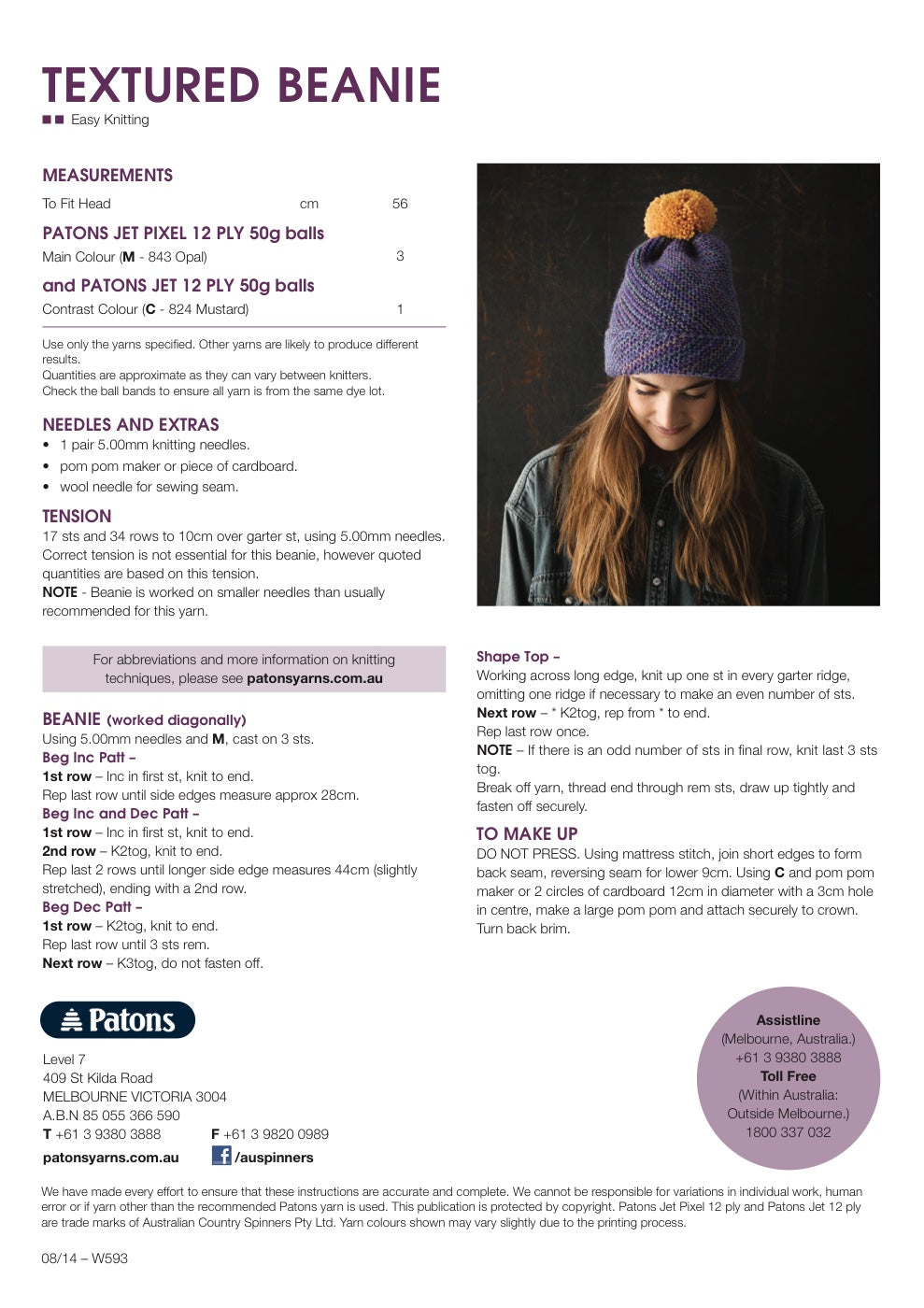 Textured Beanie Knitting Pattern in Patons Jet 12 Ply - pattern instructions