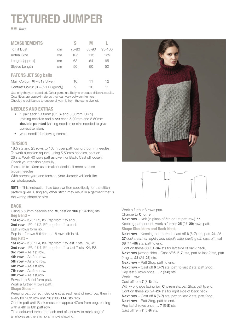 Textured Jumper Knitting Pattern in Patons Jet 12 Ply - pattern instructions