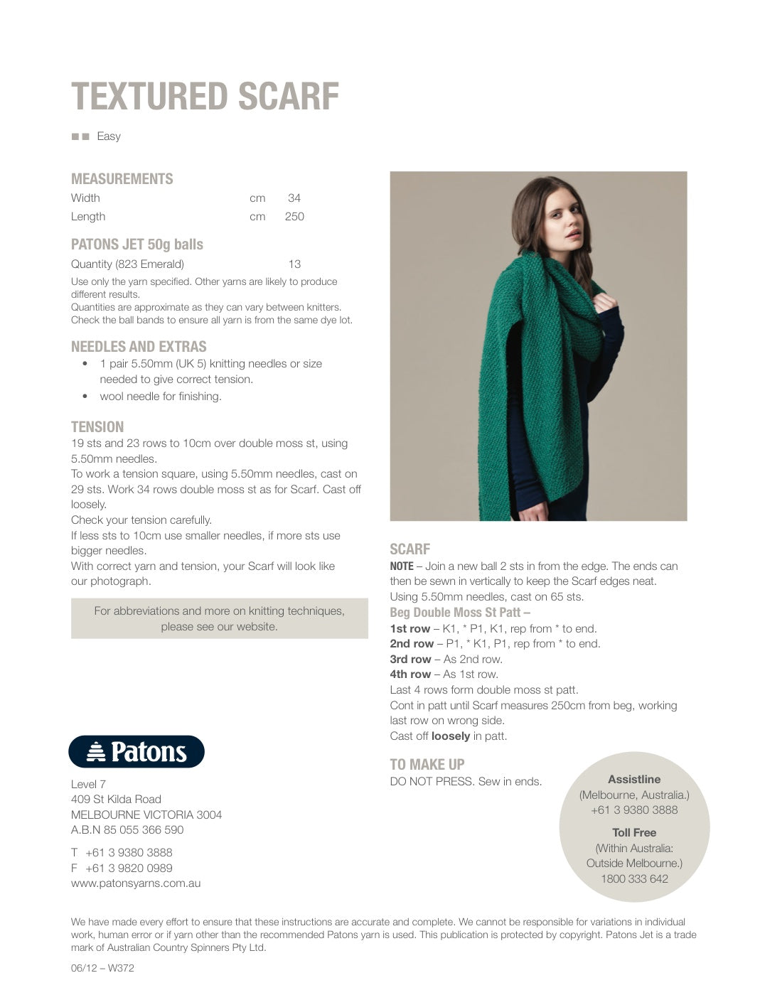 Textured Scarf Knitting Pattern in Patons Jet 12 Ply - pattern instructions