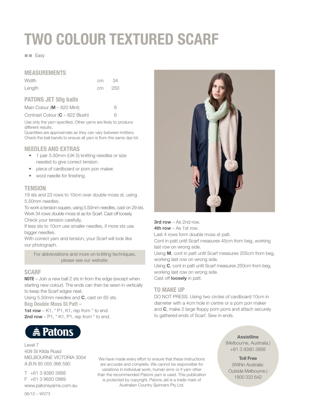 Two Colour Textured Scarf Knitting Pattern in Patons Jet 12 Ply - pattern instructions