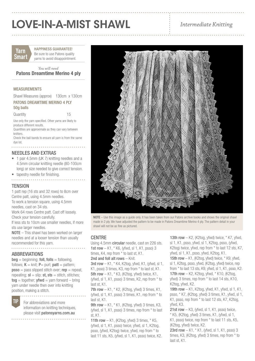 Love in a Mist Shawl Knitting Pattern in Patons Dreamtime Merino 4 Ply - pattern instructions