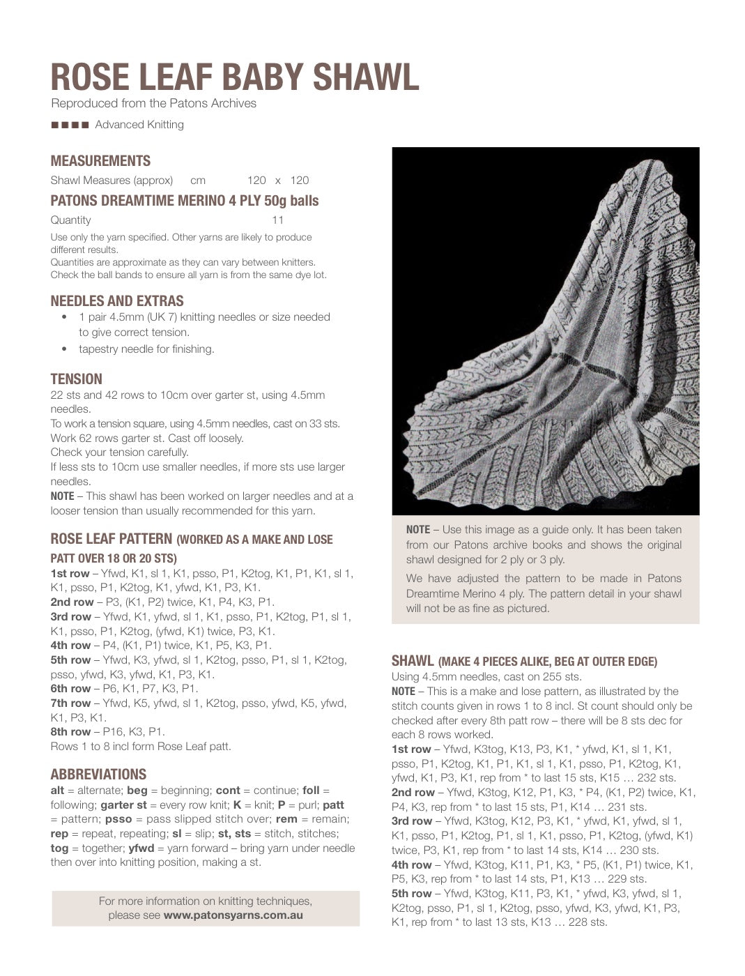 Rose Leaf Baby Shawl Knitting Pattern in Patons Dreamtime Merino 4 Ply - pattern instructions