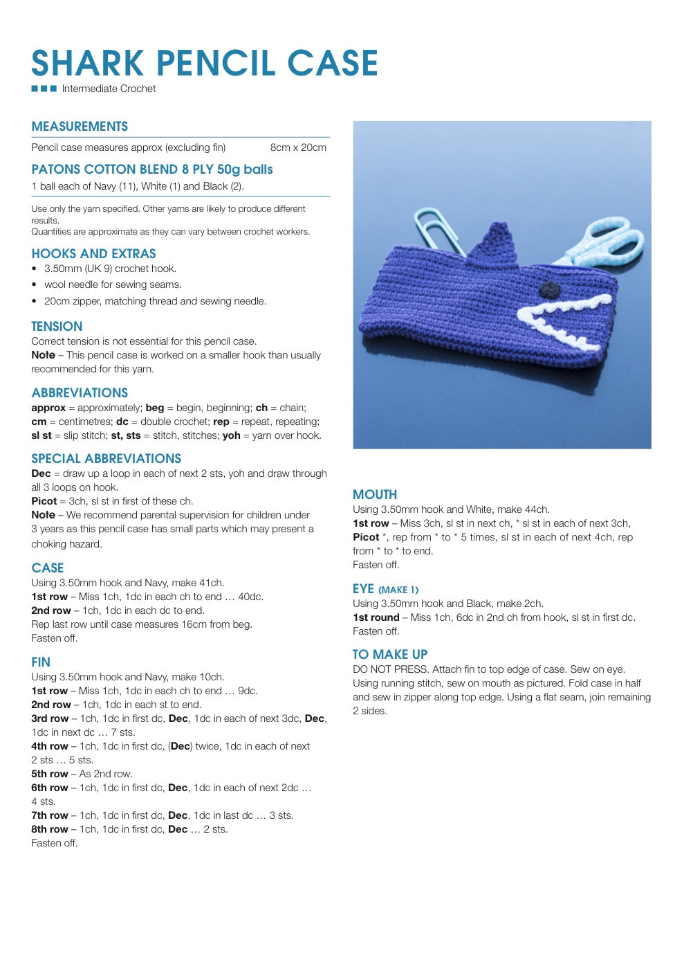 Shark Pencil Case Crochet Pattern in Patons Cotton Blend 8 Ply - pattern instructions