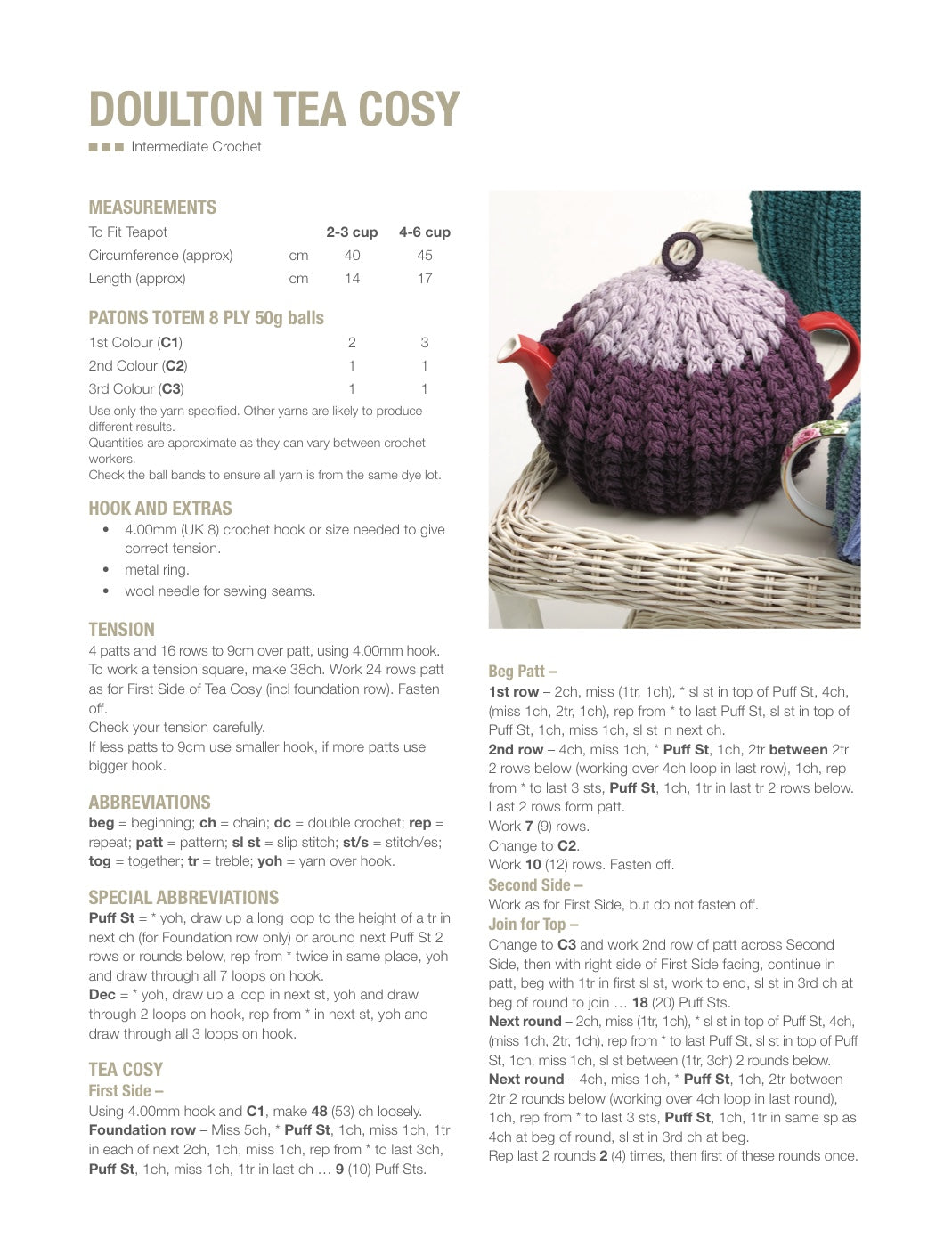 Doulton Tea Cosy Crochet Pattern in Patons Totem 8 Ply - pattern instructions